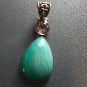 Greeny Blue Agate Pendant with cubic zirconia.